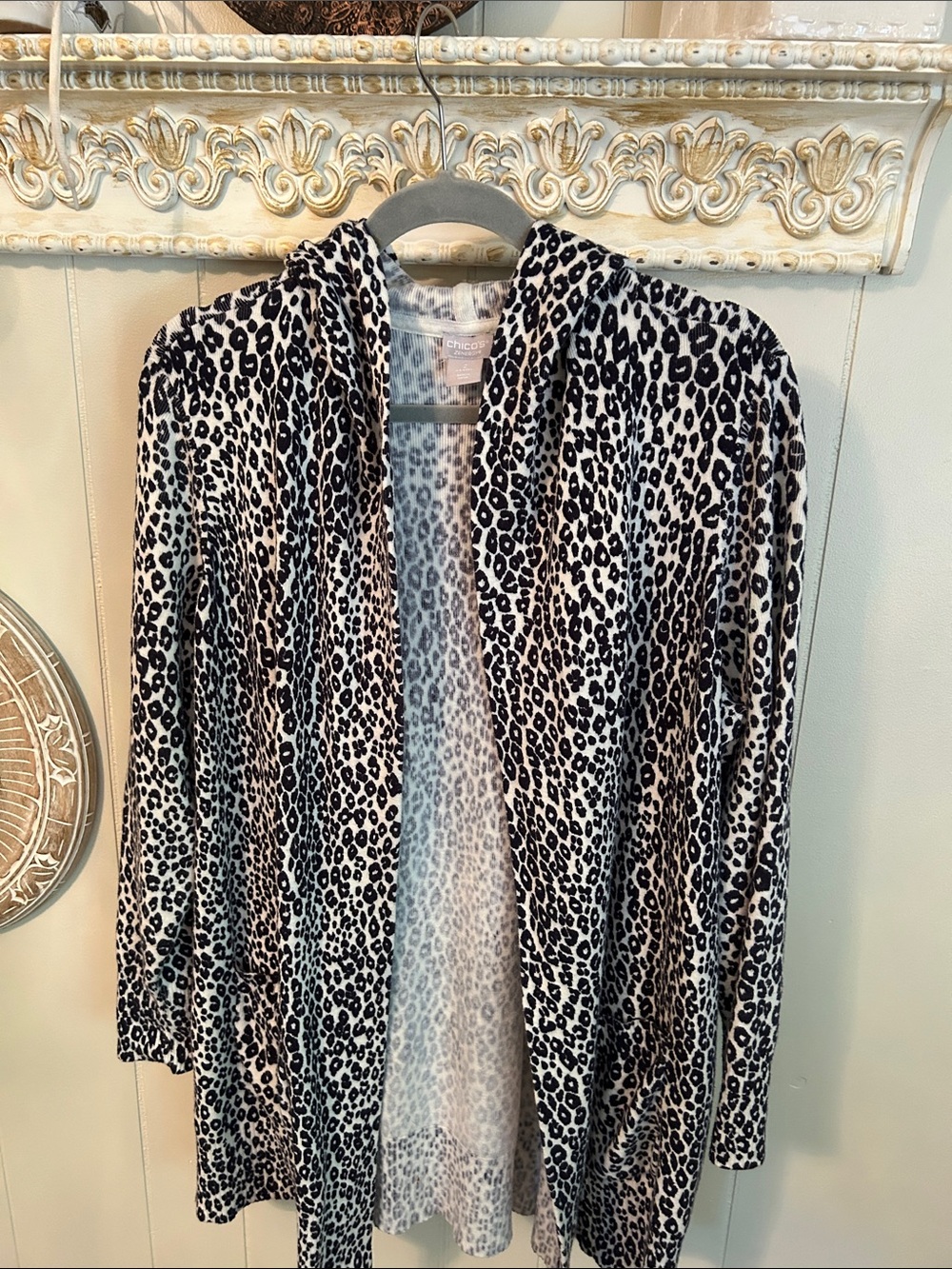 Chico's Black & White Leopard-Print Open Cardigan Jacket